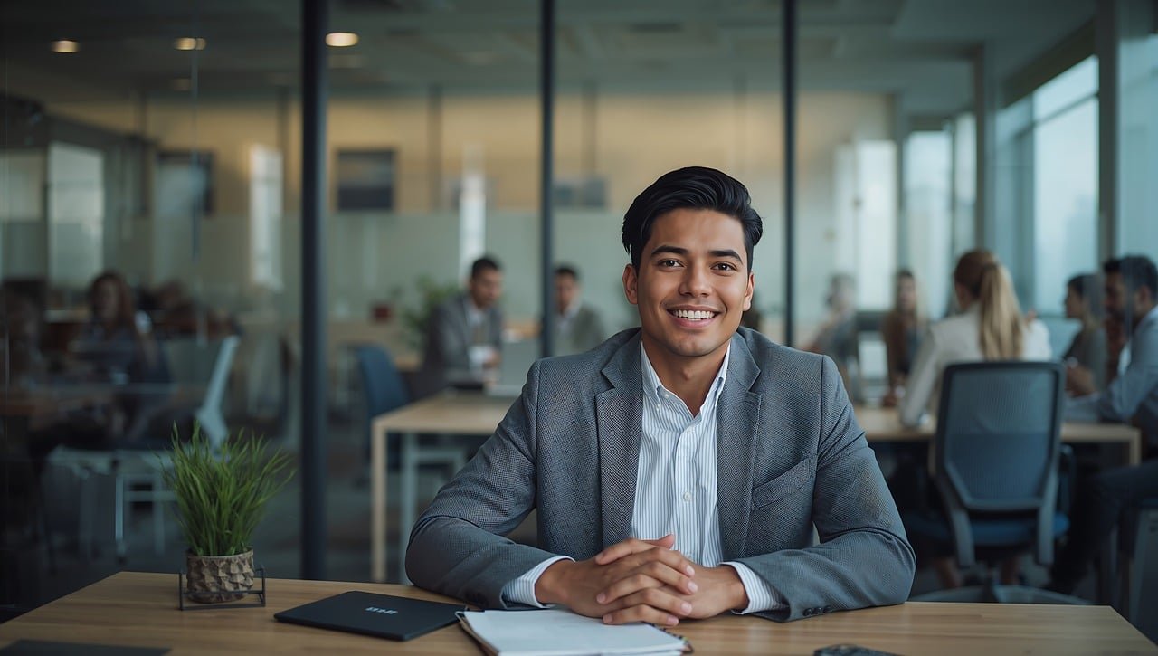 man, office, business, professional, young, smiling, desk, modern, work, corporate, employee, colleague, team, meeting, startup, ambition, career, portrait, confident, happy, workspace, interior, glass walls, city, ai generated